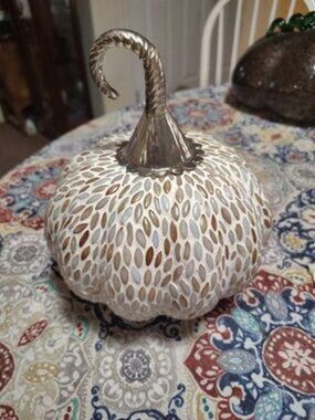 Mosaic Bead Pumpkin Decor White & Amber Fall Harvest Metal Stem